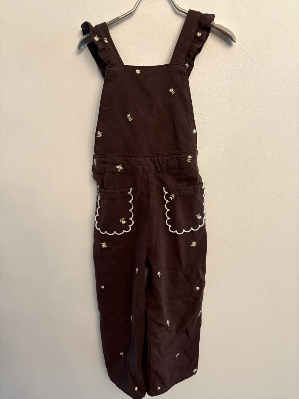 Zara Girls Brown Floral Embroidered Overalls 4T